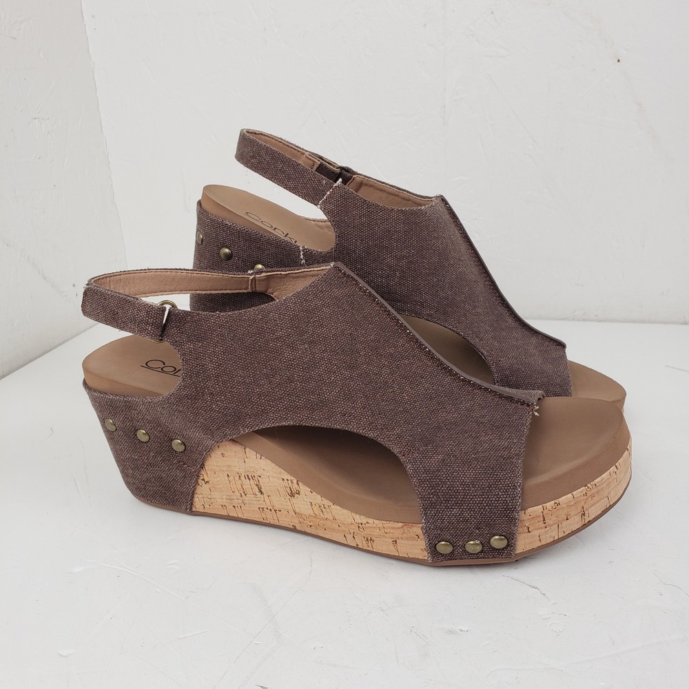 Corkys Carley Brown Canvas Wedge Sandals Slingback Platform Studded Womens 11 - Picture 2 of 10